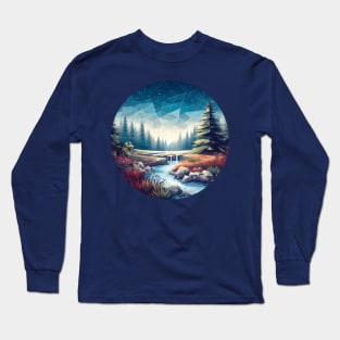 Low Poly Night Forest with River Long Sleeve T-Shirt